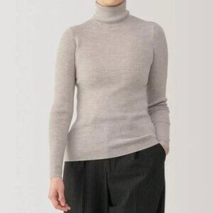 MUJI Neutral Washable Wool Turtleneck Ribbed Knit Sweater Beige Small